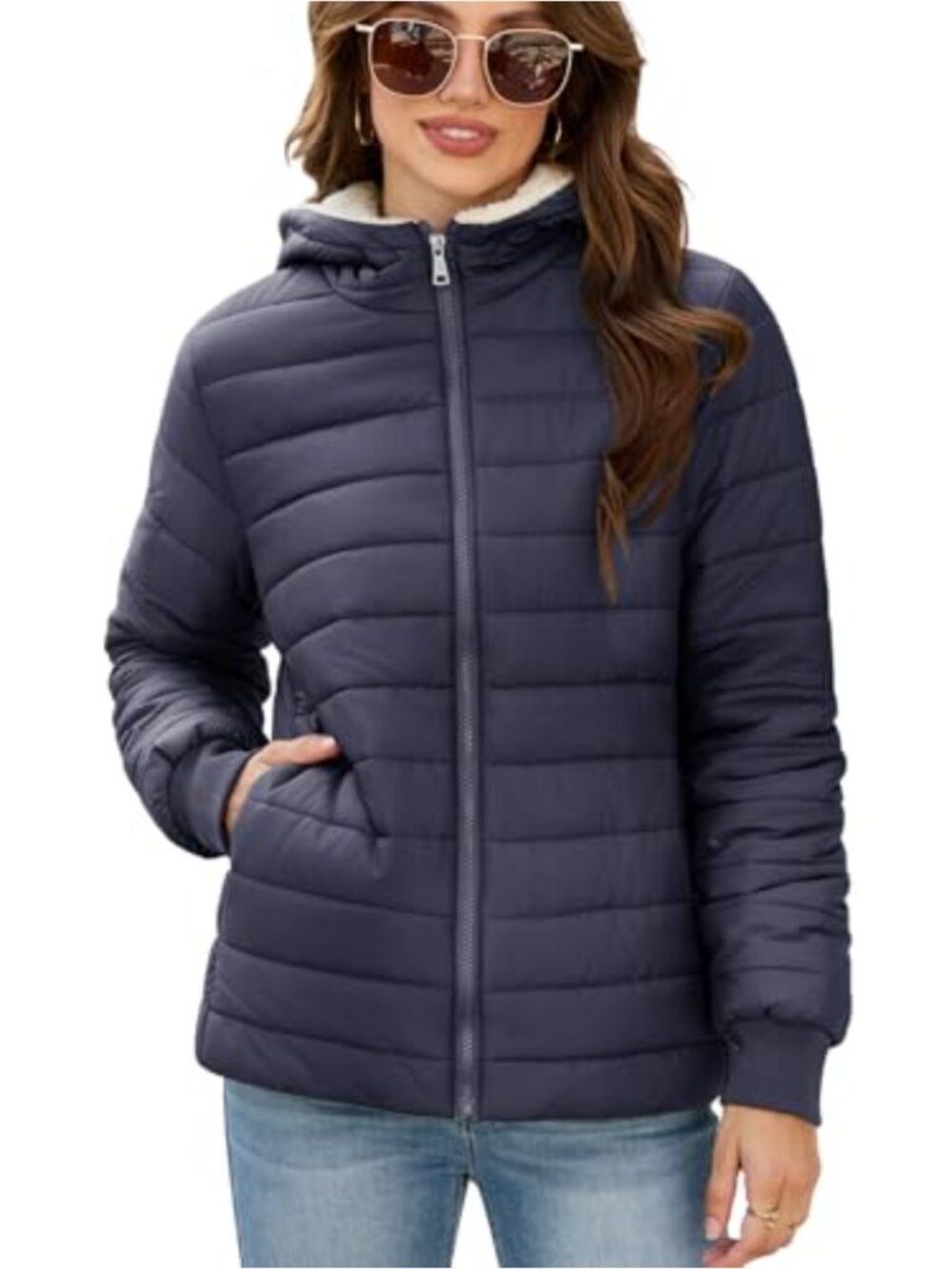 Women's Lightweight Puffer Jacket Fleece Lined Hooded Zip Up Coat
